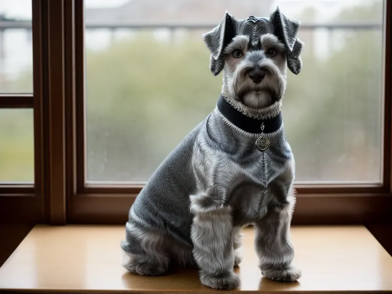 Perro Schnauzer luciendo una bandana de diseño sin marcas después de su sesión de peluquería.