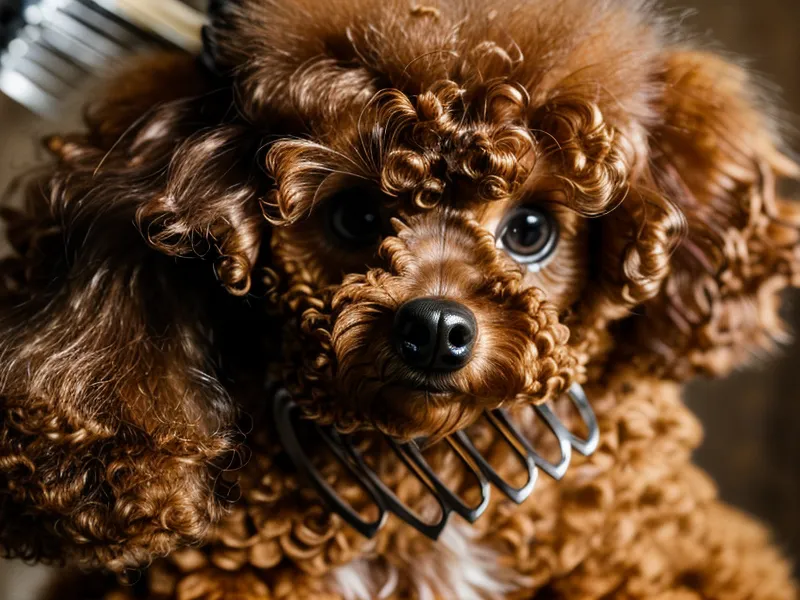 Detalle de peine metálico profesional sobre el pelo de un caniche toy