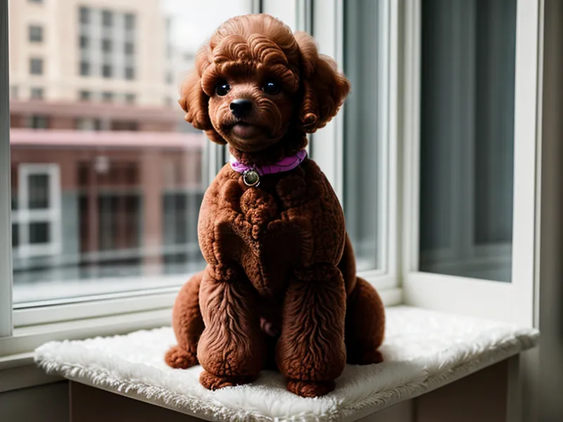 Caniche toy con corte profesional tras una sesión de cepillado y peluquería