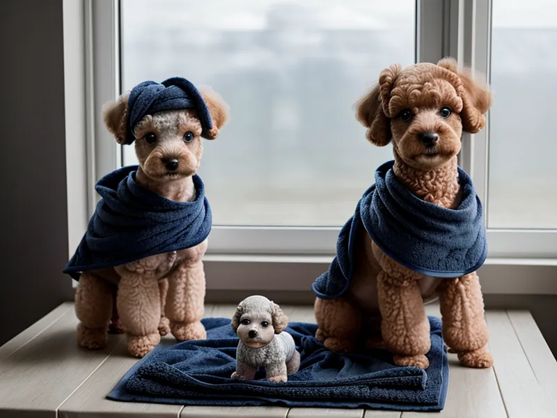 Mesa de peluquería canina limpia con toalla, shampoo suave y bolsita de premios