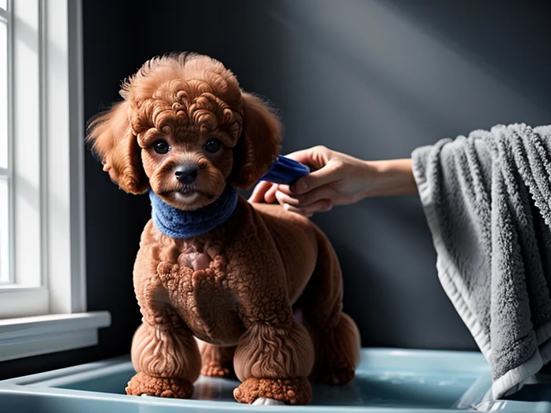 Caniche toy con nudos sobre mesa de peluquería canina recibiendo cepillado