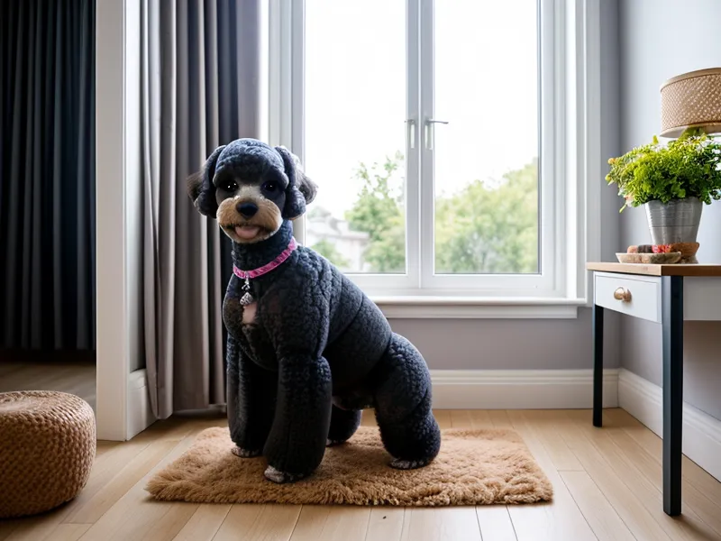 Delantal de peluquería canina terminado, costura casera con tiras cruzadas en la espalda para emprender desde casa