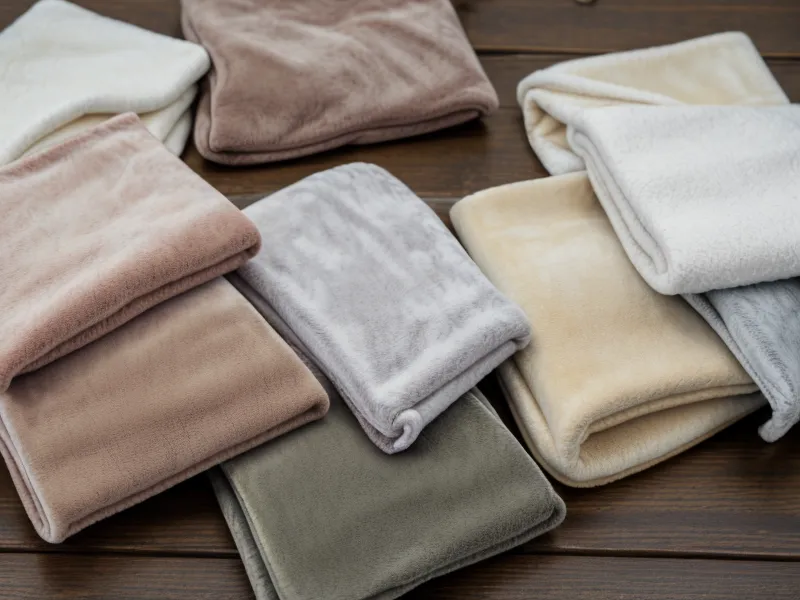 Telas de polar soft dobladas junto a tijeras de costura en mesa de taller