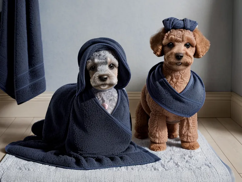 Bidón de shampoo para perros y toallas de microfibra en un estante de madera.