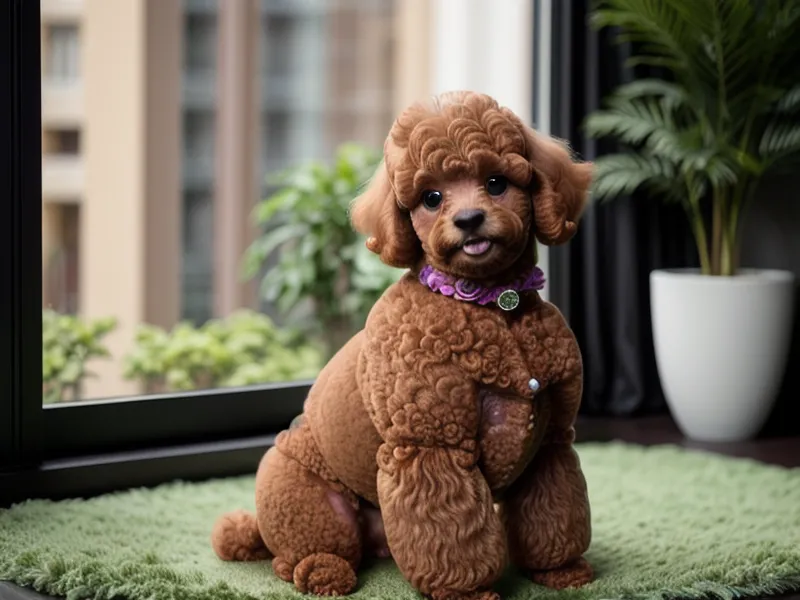 Caniche toy ocre con corte cachorro profesional en una peluquería de casa