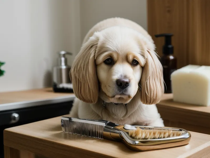 Estante con champú de manzana y productos de acabado para peluquería canina