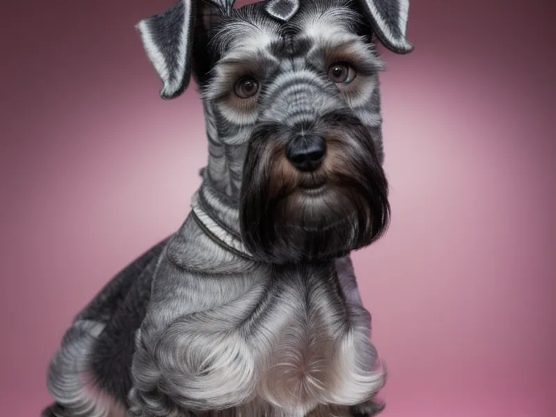 Primer plano de un Schnauzer miniatura luciendo una bandana con diseño geométrico, accesorio de costura para perros