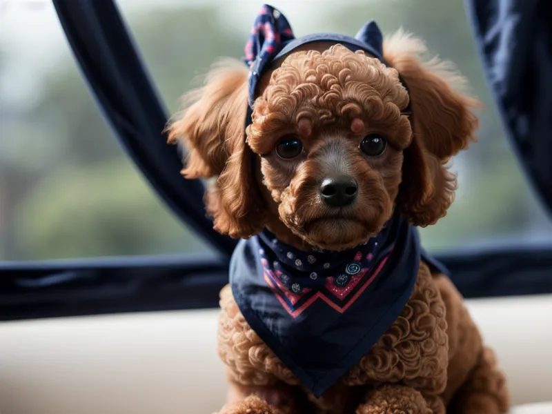 Mano ajustando una bandana azul en el cuello de un caniche toy ocre, accesorio canino ligero