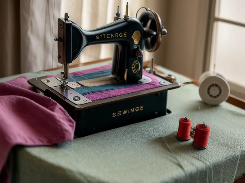 Máquina de coser doméstica con retazos de tela en un rincón del taller de peluquería canina