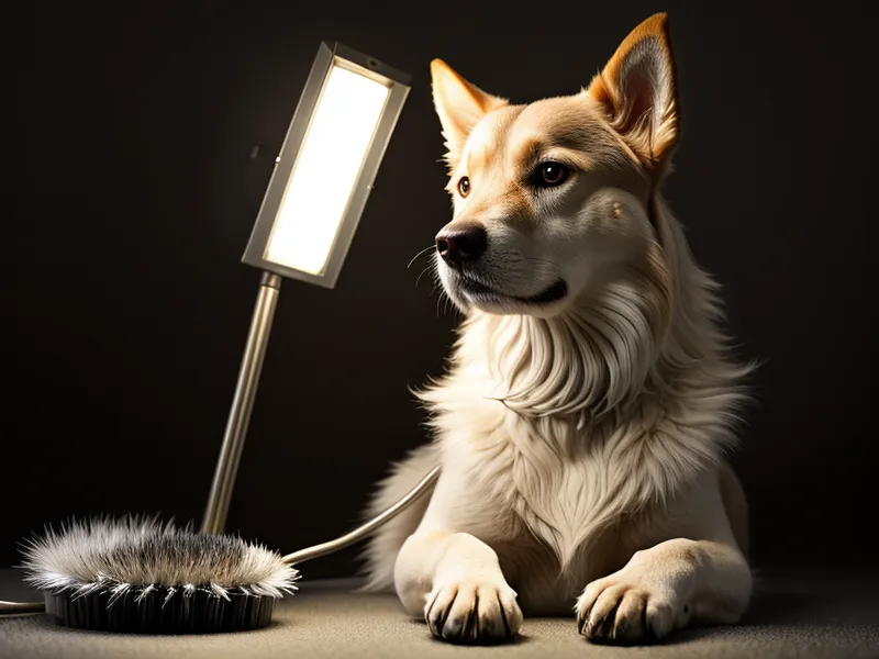 Lámpara LED profesional iluminando el manto de un perro en la mesa de peluquería.
