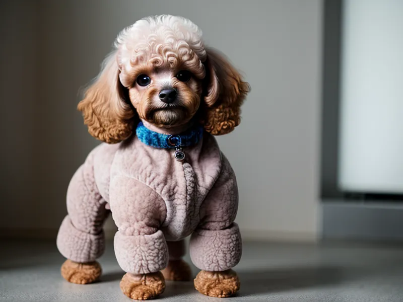 Caniche Toy recién cortado bajo luz blanca de 5500K en taller hogareño.