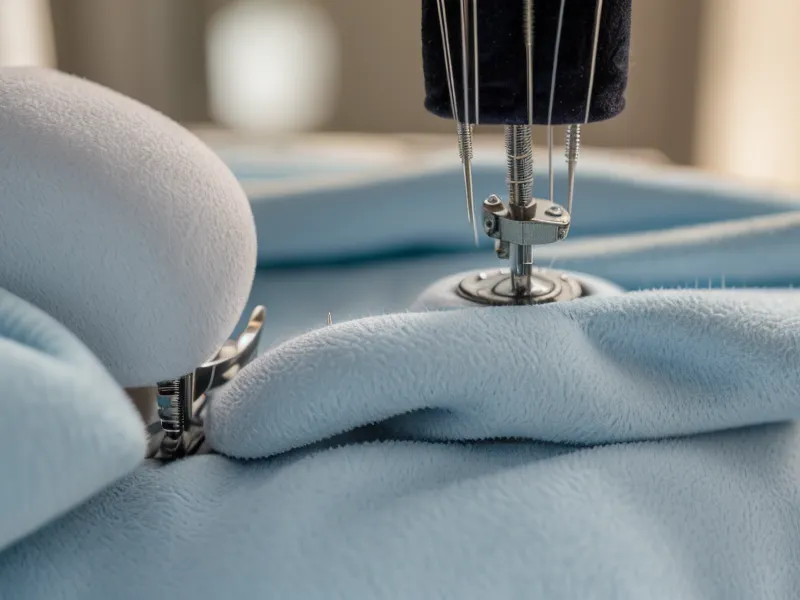 Detalle de aguja de máquina de coser y tela para ropa de perro