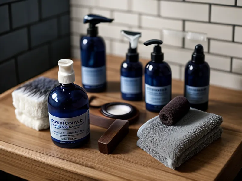 Estante con productos de peluquería canina profesional y toallas azules dobladas, base de una marca de peluquería canina premium.