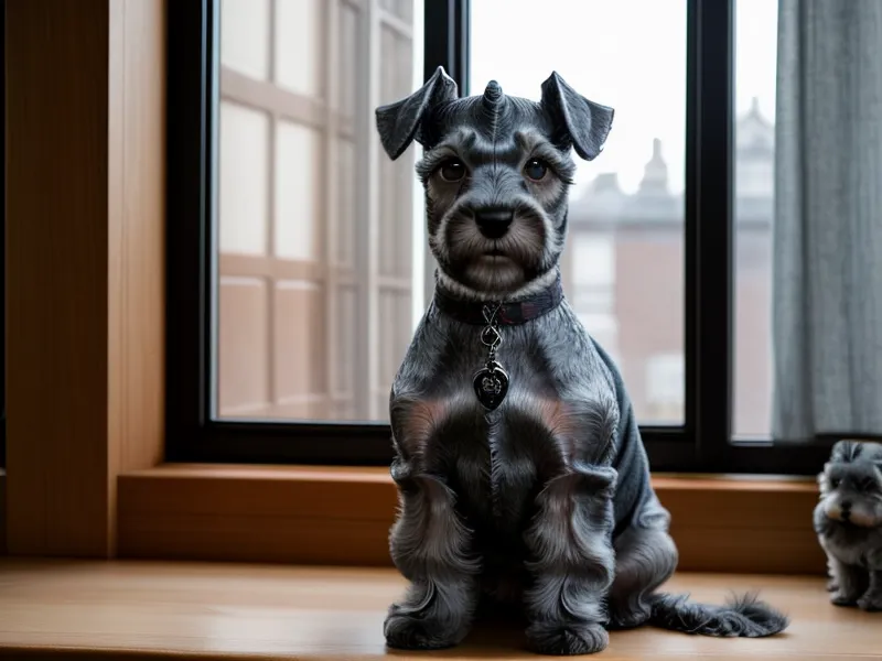 Perro Schnauzer con capa artesanal después de su sesión en la peluquería canina, ejemplo de emprendimiento de mascotas