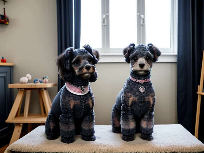 Primer plano de máquinas de cortar pelo y tijeras de peluquería canina sobre una toalla.
