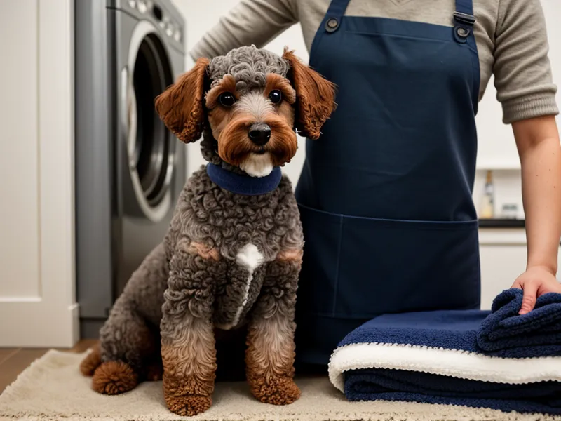 Perro pequeño envuelto en una toalla azul después del baño en una mesa de peluquería.