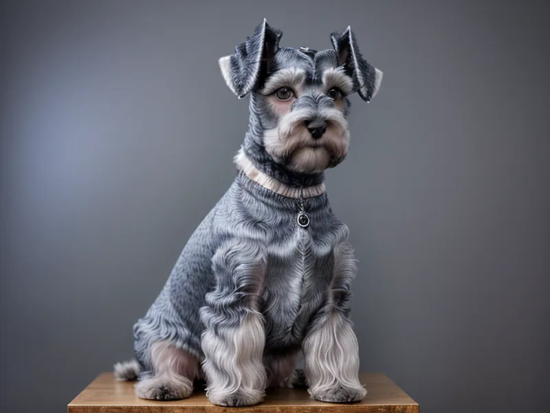 Schnauzer con abrigo azul cosido con hilo resistente y remate reforzado en la correa