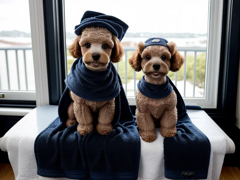 Caniche toy en mesa de peluquería canina con lazo de sujeción ajustado antes de empezar el corte