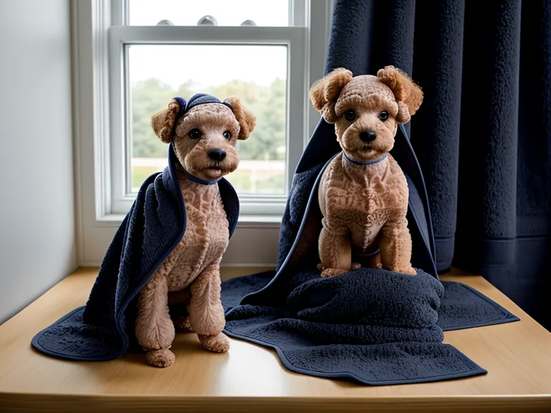 Espacio de trabajo organizado con productos de limpieza y costura para perros en una peluquería canina de barrio