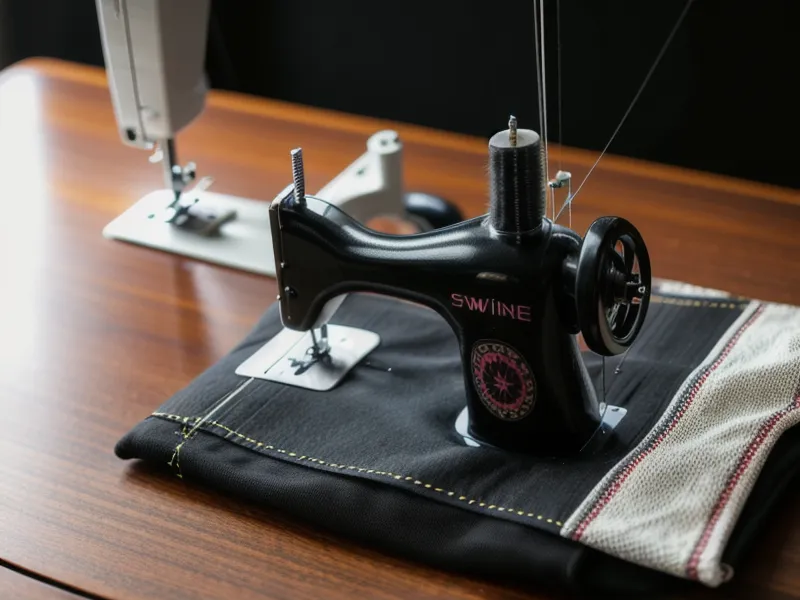 Máquina de coser con tela colorida y cinta de polipropileno para collares caninos.