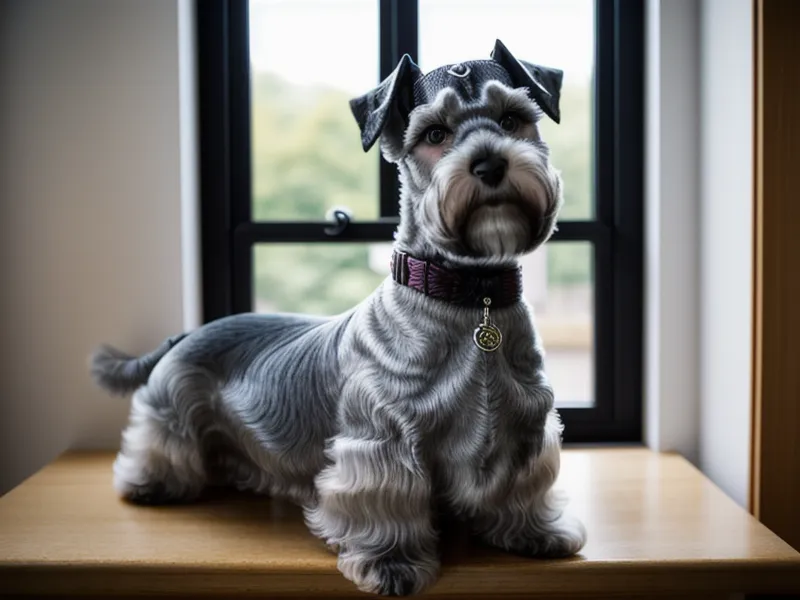 Perro Schnauzer con acabado profesional y collar de tela haciendo juego en el taller.