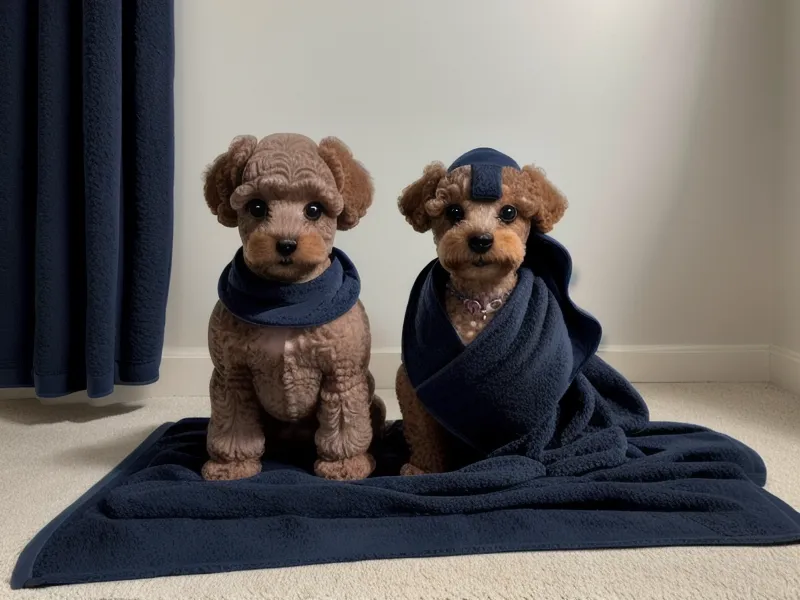 Perro con protección auditiva para reducir el estrés sonoro durante el secado