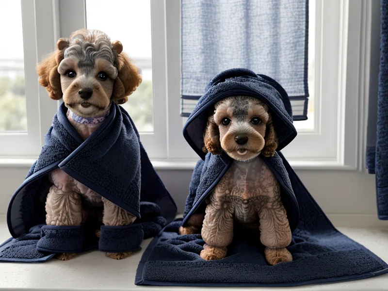 Shampoo profesional de avena y medidor de dilución en mesa de peluquería canina