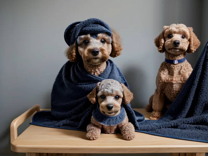 Accesorios y toallas de peluquería canina organizados sobre la mesa de trabajo
