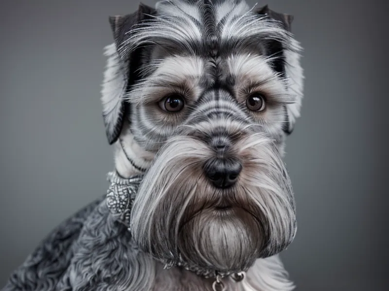 Primer plano de un perro Schnauzer recién bañado con el pelo impecable.