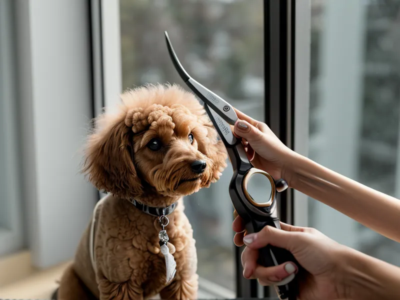 Mano de peluquera usando tijeras profesionales sobre el pelo de un caniche toy.