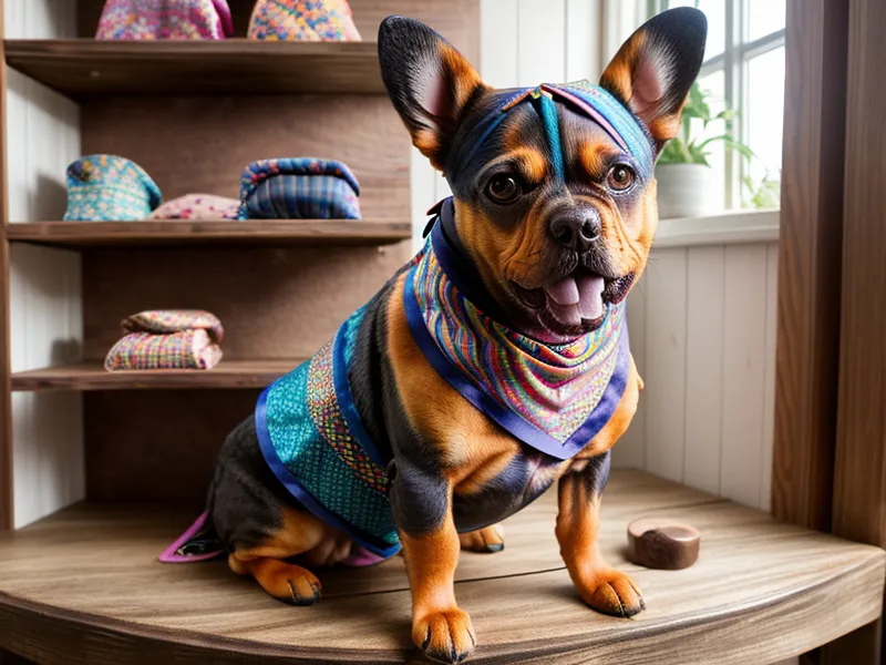 Estante con pañuelos y accesorios de costura para perros en una peluquería.