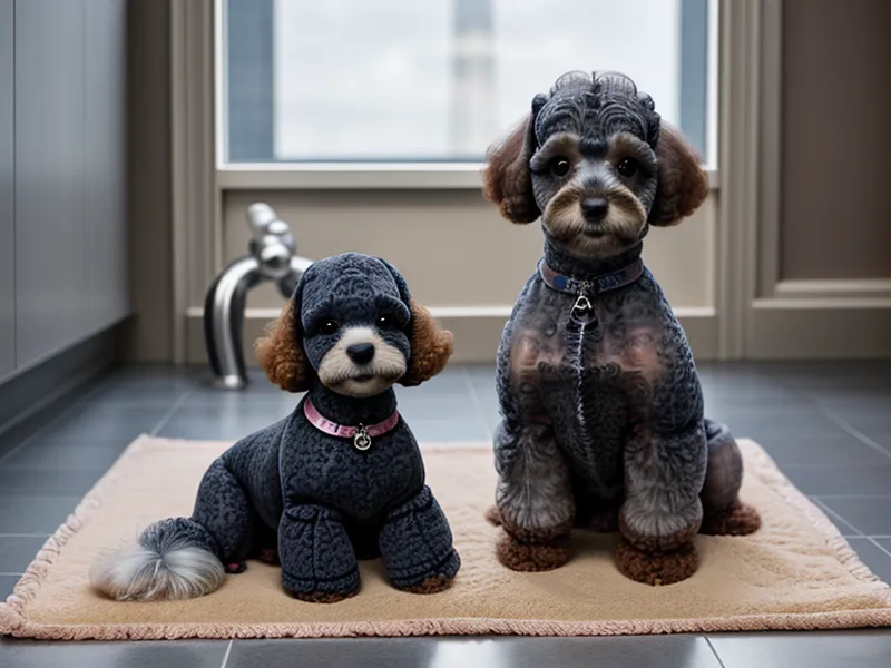 Estante con ropa para perros y snacks artesanales en una peluquería canina hogareña
