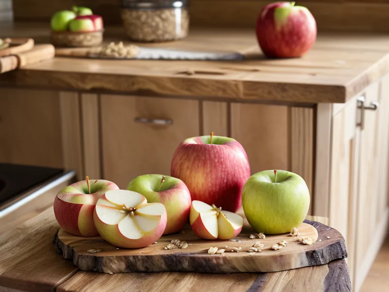 Ingredientes naturales como avena y manzana sobre una mesa de cocina rústica.