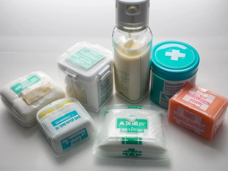 Caja de primeros auxilios transparente con insumos básicos para peluquería canina.