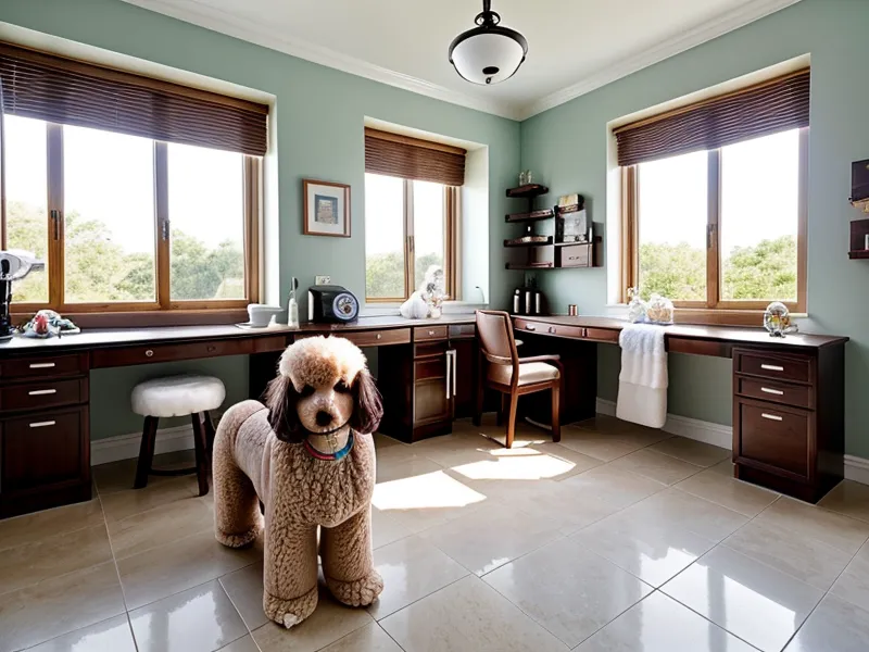 Espacio de peluquería canina organizado con el botiquín de seguridad al alcance.