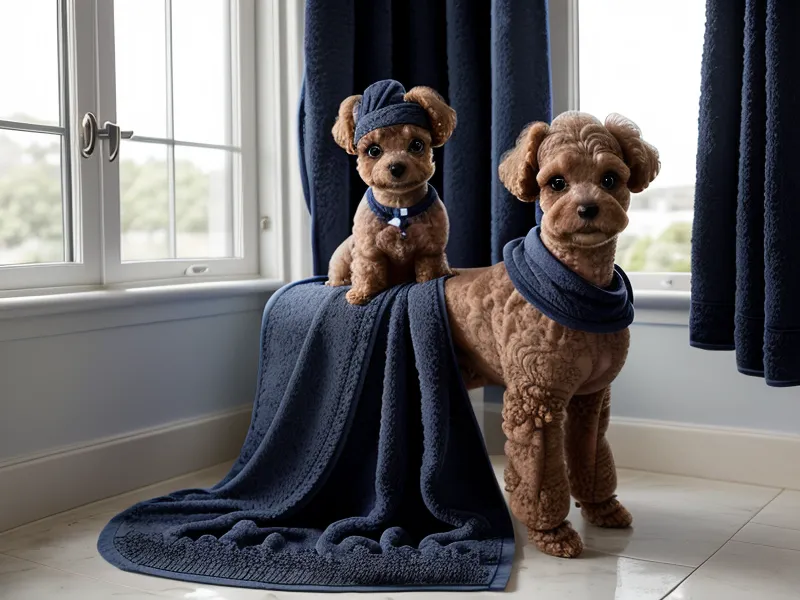 Caniche toy oliendo una petlicia casera después del baño en la peluquería